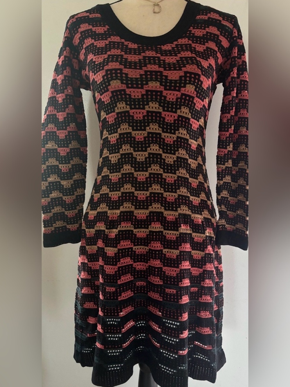 Missoni Black and Pink Knit Long-Sleeve Dress